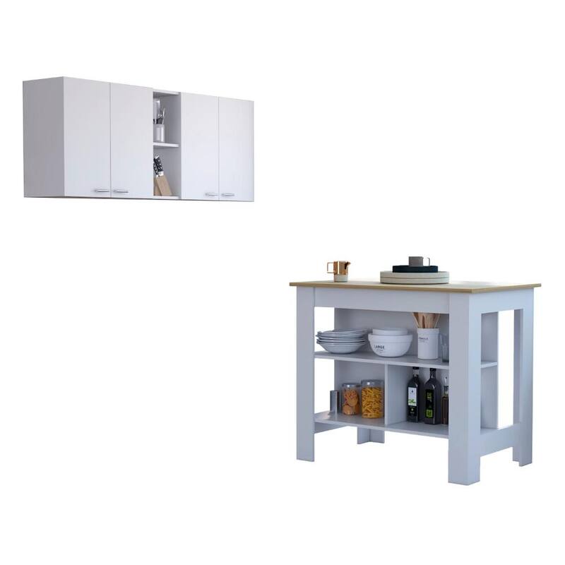 Sierra 7-Shelf 4-Door 2-piece Kitchen Set, Upper Wall Cabinet and Kitchen Island White and Light Oak - White