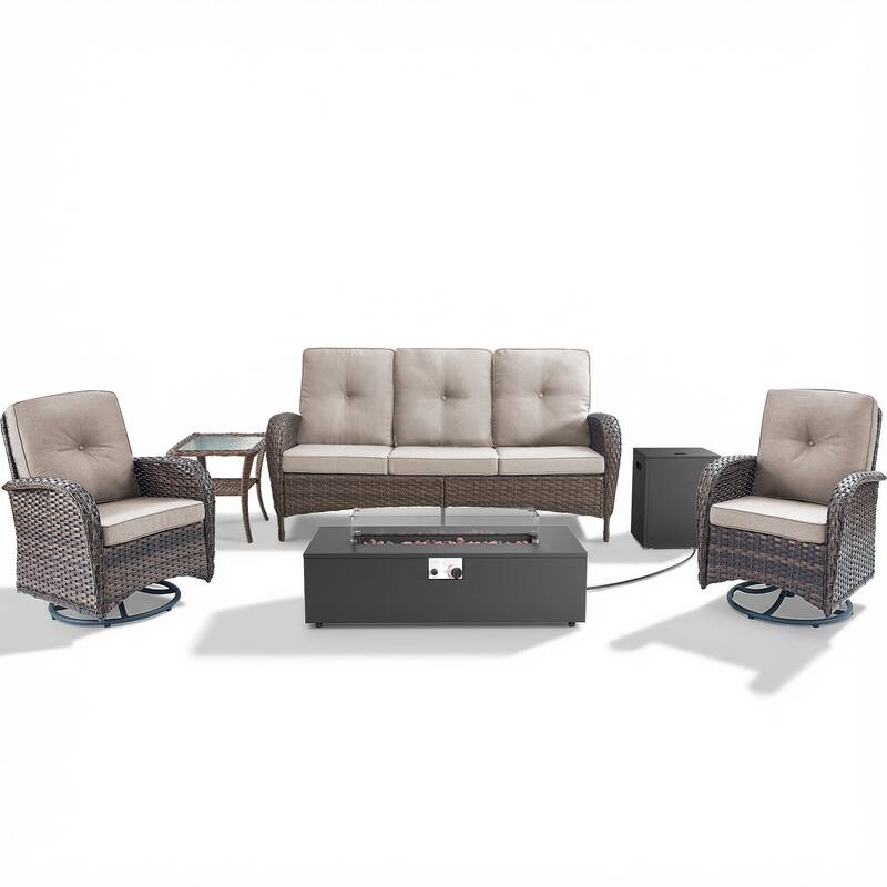 Pocassy Outdoor 5-Piece Sofa Swivel Chair with Fire Pit Table