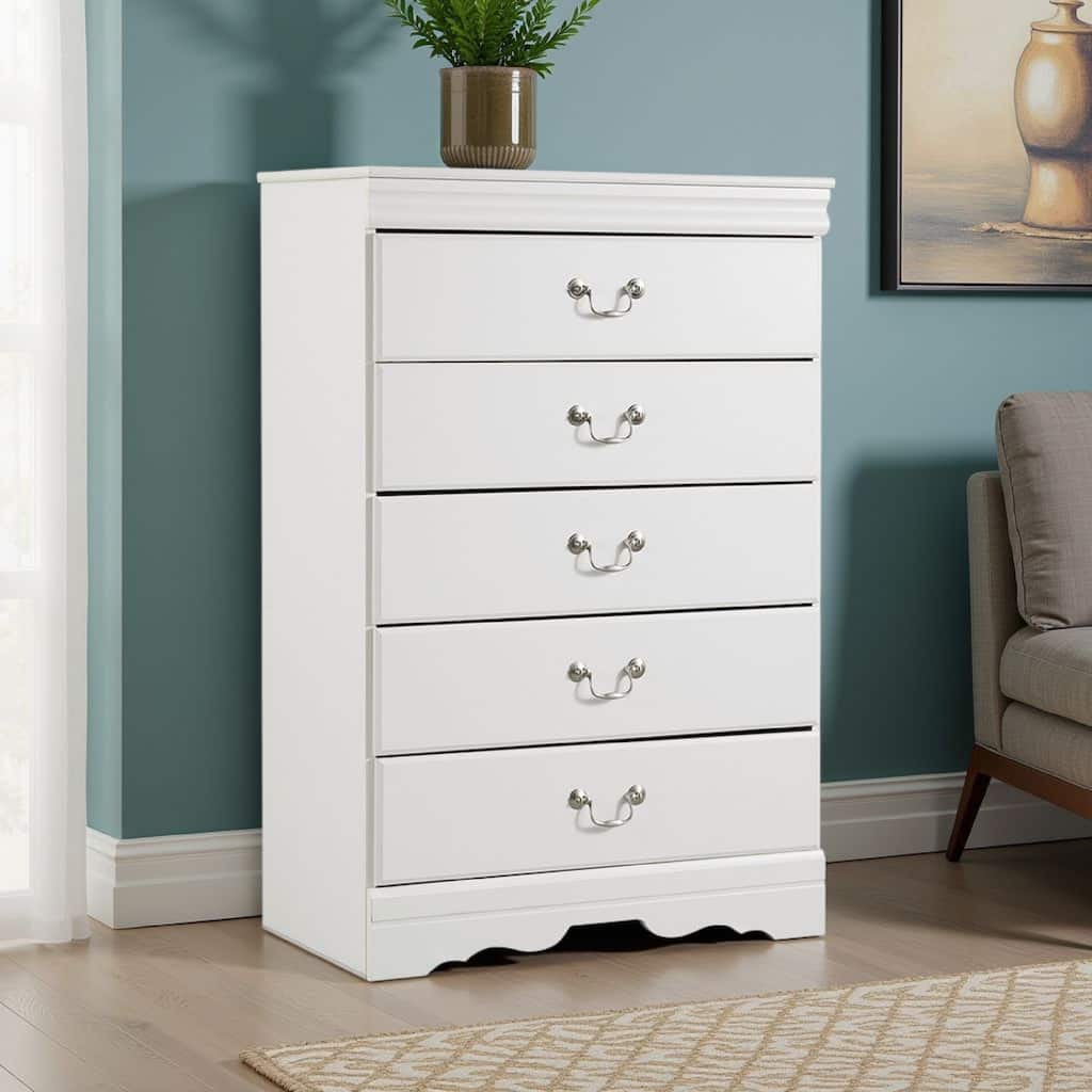 Roso Tall Dresser Chest, Classic White, 5 Drawers Pewter Metal Handles