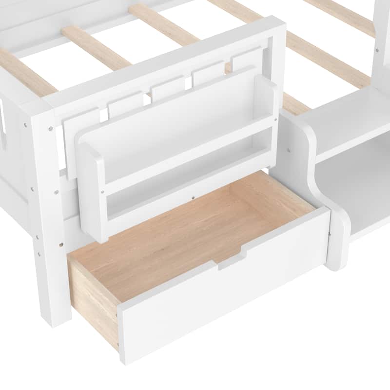 Full/Twin Loft Bed with Storage Drawers, Safety Staircase & Rails