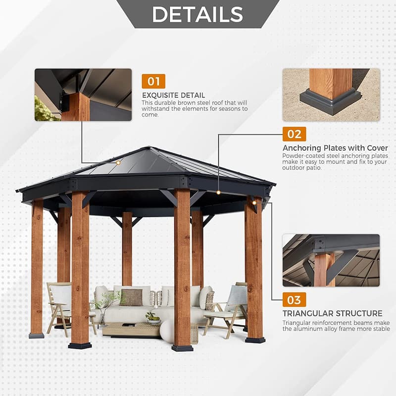 Outdoor Galvanized Steel Roof Gazebo Pergola w Wooden Coated Alumninum Frame, Privacy Curtains and Nettings Include