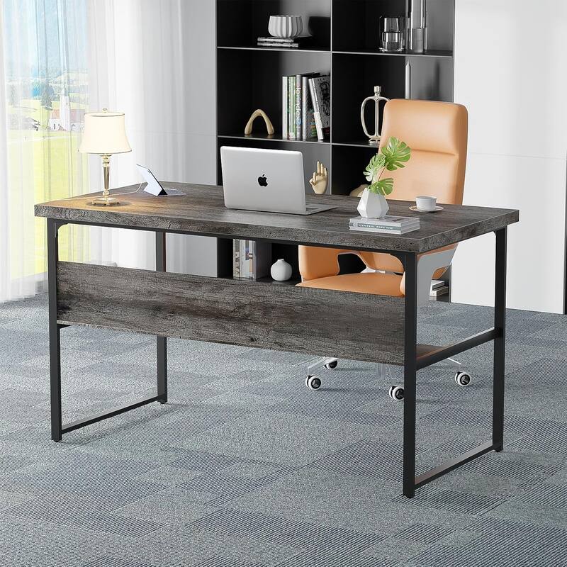Executive Desk Computer Desk with Extra Thick Tabletop, Simple Office Desk Workstation Study Writing Table with Power Outlets