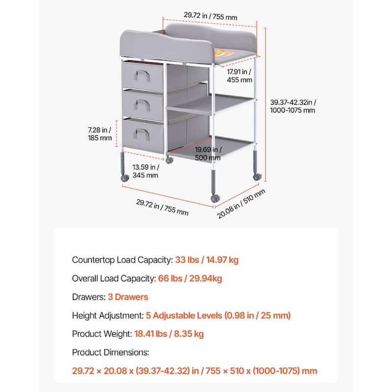 Grey Oxford Fabric Adjustable Kids Changing Table with 3 Drawers and Lockable Wheels - 29.72 x 20.08 x (39.37-42.32) in