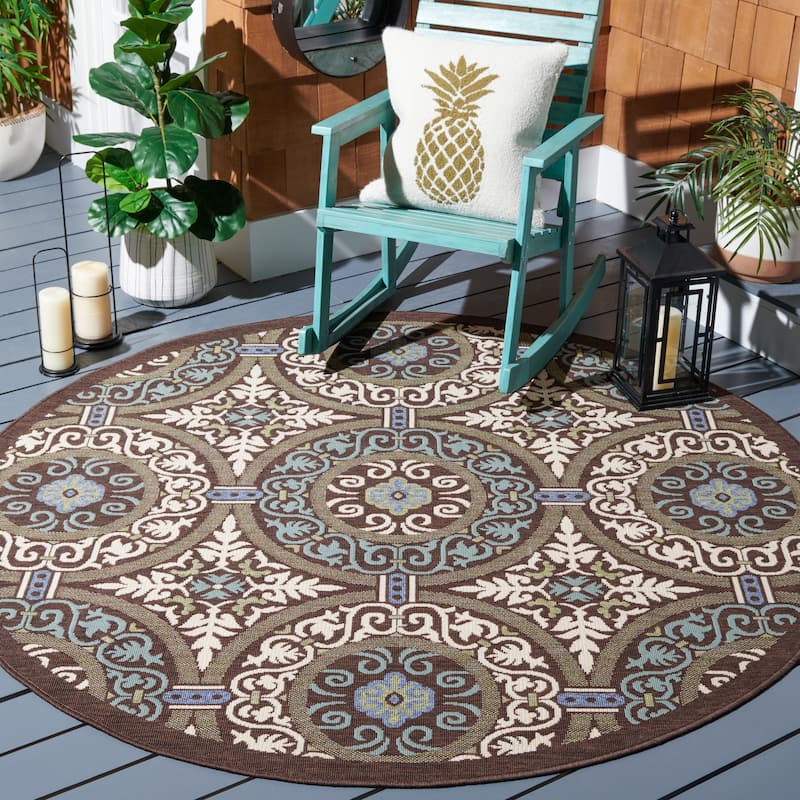 SAFAVIEH Veranda Torunn Indoor/ Outdoor Waterproof Patio Backyard Rug - 8' Round - Chocolate/Cream