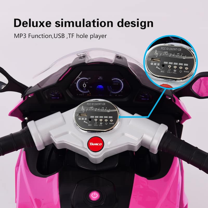 Battery Powered Electric Car with Battery Display, Pink Outdoor Motorcycle with Music, Children's Electric Motorcycle with Light