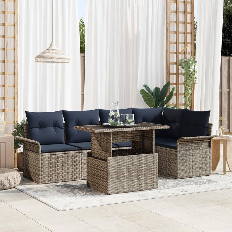 vidaXL 6 Garden Sofa Set with Cushions Black/Brown/Grey Poly Rattan - 95.5 x 52.2 x 27.2 - Grey