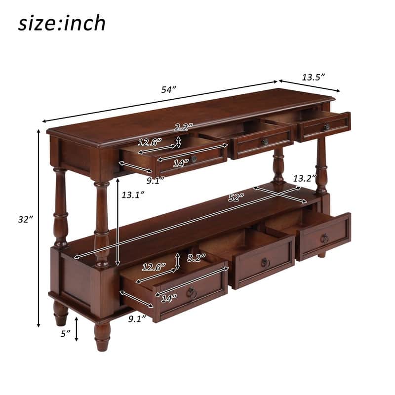 Retro 54" Solid Wood Console Table with 6 Drawers and Shelf for Vintage Living Room and Hallway Storage