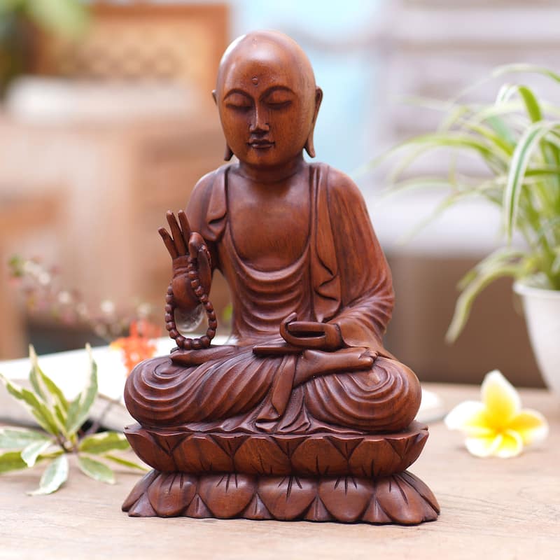 Novica Handmade Praying Buddha Wood Sculpture