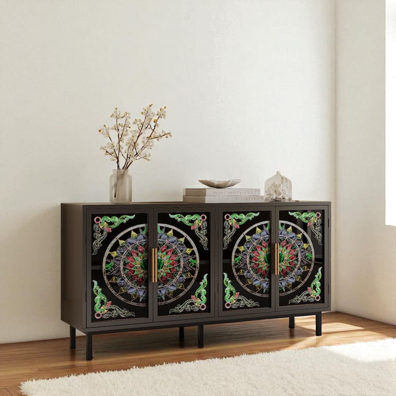 60" Stained Glass Buffet Cabinet with 4 Doors, Painted Glass & Metal Frame Decorative Storage Sideboard.