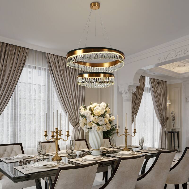 Modern LED Crystal Chandelier Luxury Black Gold Drum Light for Dining Living Room - D31.5" x H73" Max
