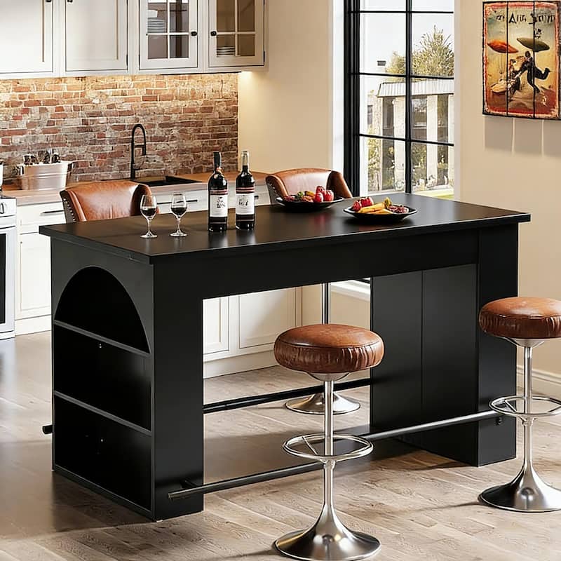 63" Long Bar Table, Counter Height Pub Table with Footrest and Storage - 30.71"D x 62.99"W x 35.43"H - Black