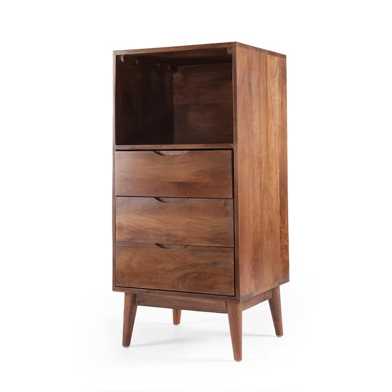Roomfitters Mid-Century Modern 3-Drawer Wood Storage Cabinet with Open Shelf, Solid Wood Accent Furniture, Light Oak