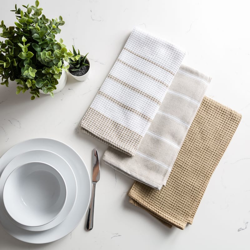 Fabstyles Fouta Cotton Set of 3 Kitchen Towel - Set of 3 - 18x26 - Beige