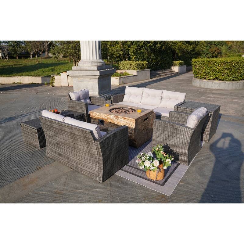 7-Piece Outdoor Wicker Conversation Sofa Set with Fire Pit
