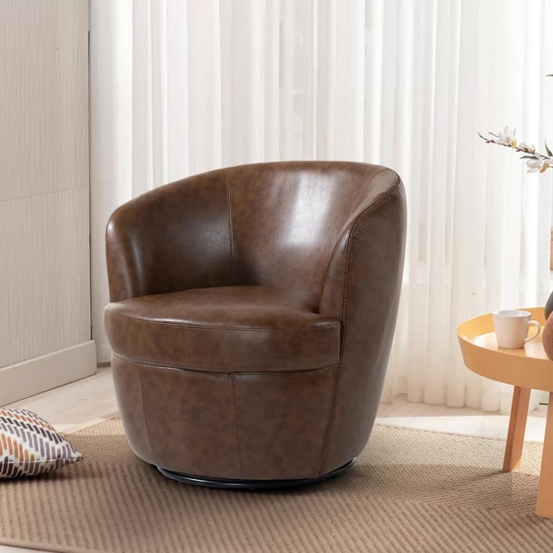32" Wide PU Leather Swivel Barrel Chair with Metal Base - Coffee