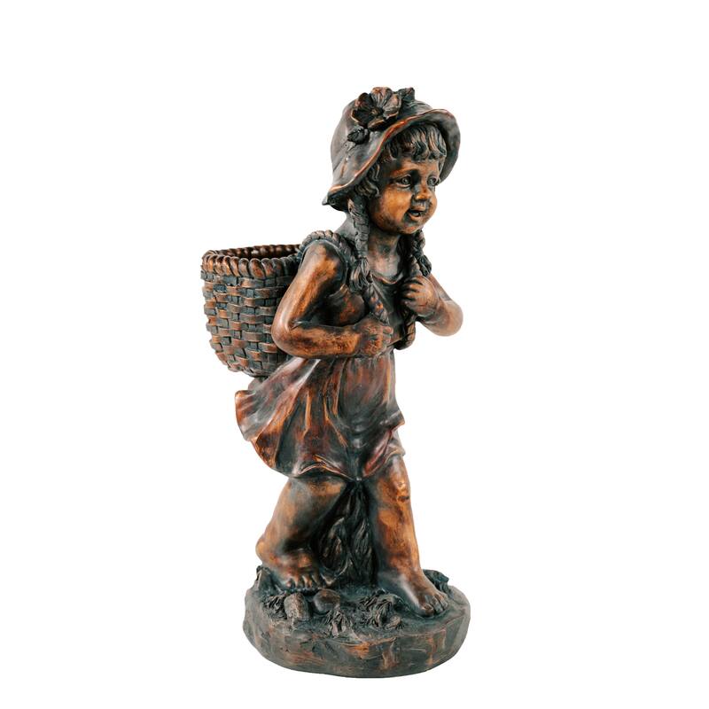 Xbrand 24" H Faux Bronze Magnesium Oxide Walking Garden Statue w/Small Flower Plant Pot, Natural Design Sculpture
