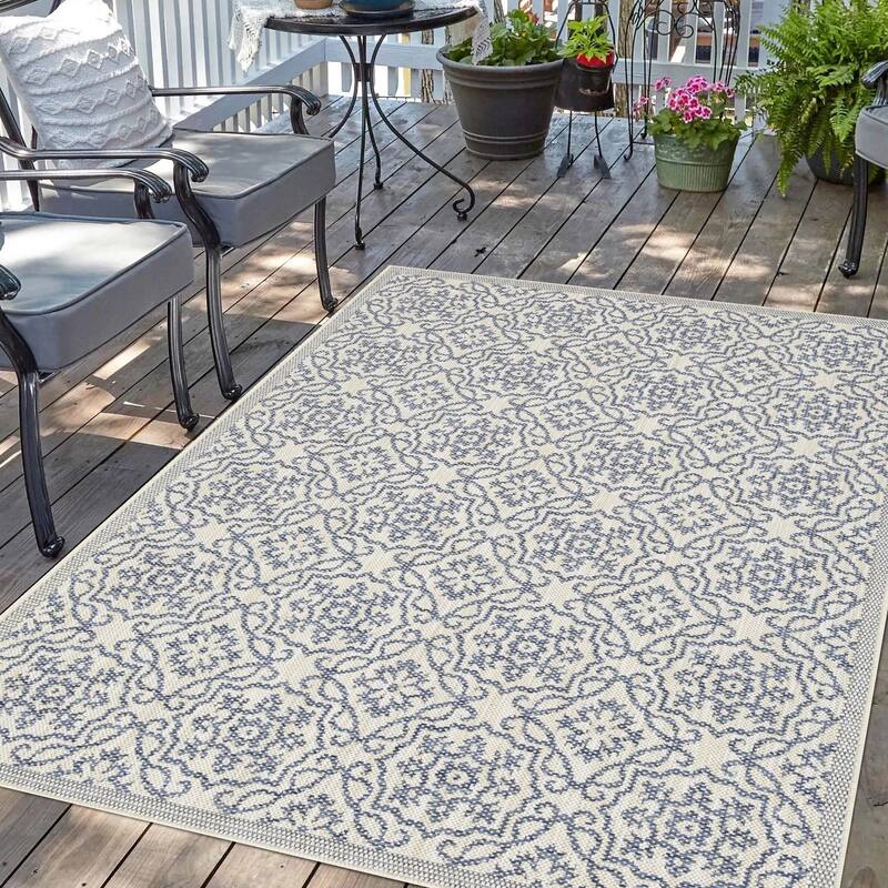 Indoor/Outdoor Area Rug/ Runner/ Doormat- Blue & Natural & Red & Taupe Color -Machine Washable, Weather and UV Resistant-Eliza