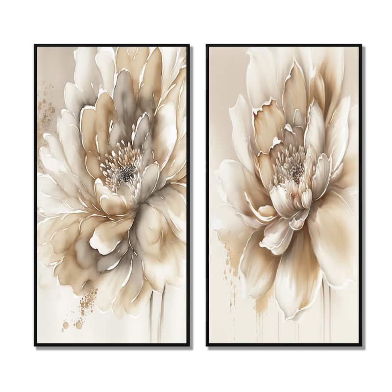 Designart "Single Beige Flower" Floral Framed Wall Art Set Of 2 - Beige Canvas Set For Living Room Decor