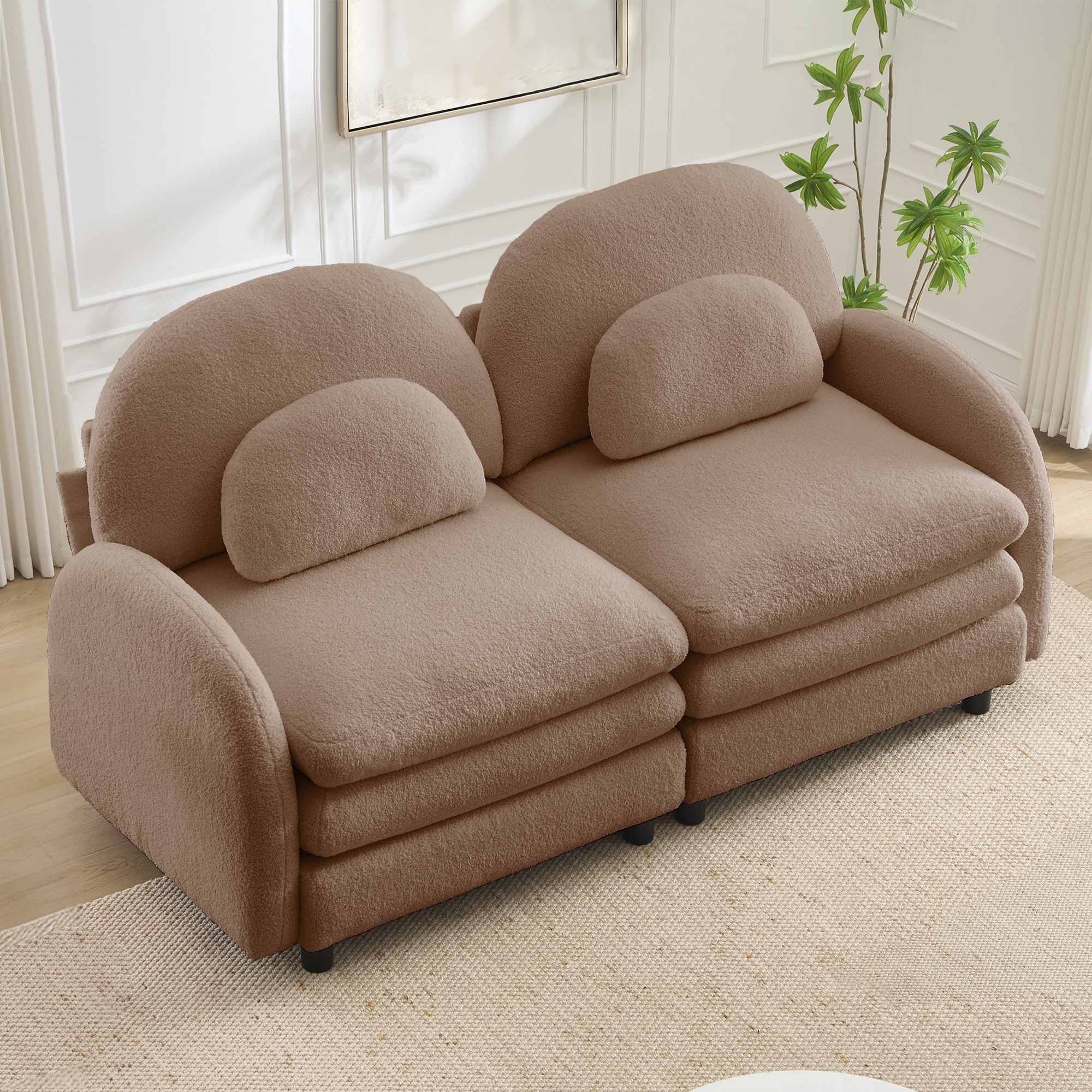 Camel Loveseat Sofa Couch with Curved Backrest, Modular 2 Seater Couch with Curved Lumbar Pillows & Armrest