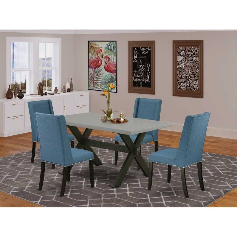 HomeStock 5-Piece Rectangle Natural Oak Finish Solid Wood Top Dining Table with 4 Upholstered Chairs with Lattice Back