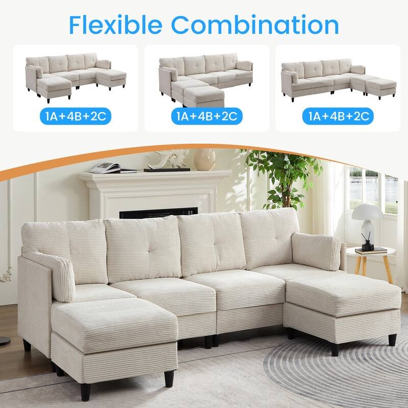 Mixoy W89inch U-Shaped Corduroy Sectional Sofa with Reversible Ottoman,Upholstered 4-Seater Sofa