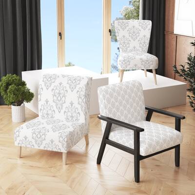 Designart "White Baroque Damask" Upholstered Patterned Accent Chair and Arm Chair