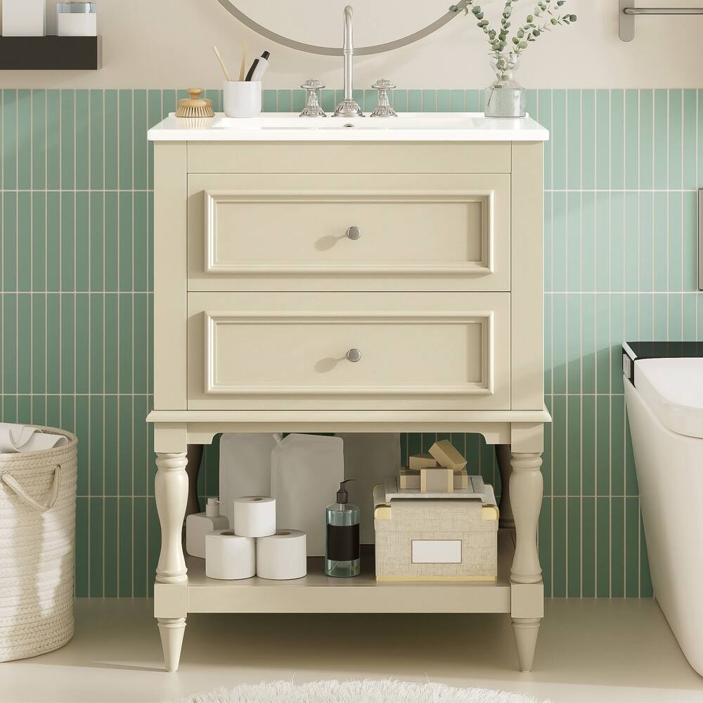 24" Bathroom Vanity with Ceramic Sink, Bathroom Storage Cabinet with Open Shelf, Retro Design Bathroom Cabinet with 2 Drawers
