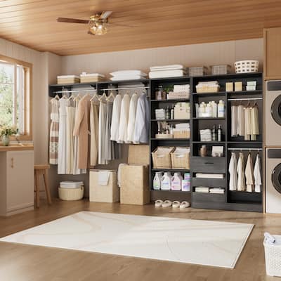 Qvella 59"-132" Closet System with Adjustable Shelves and Drawers,Multi-Functional Combination Wardrobe System Closet Organizer