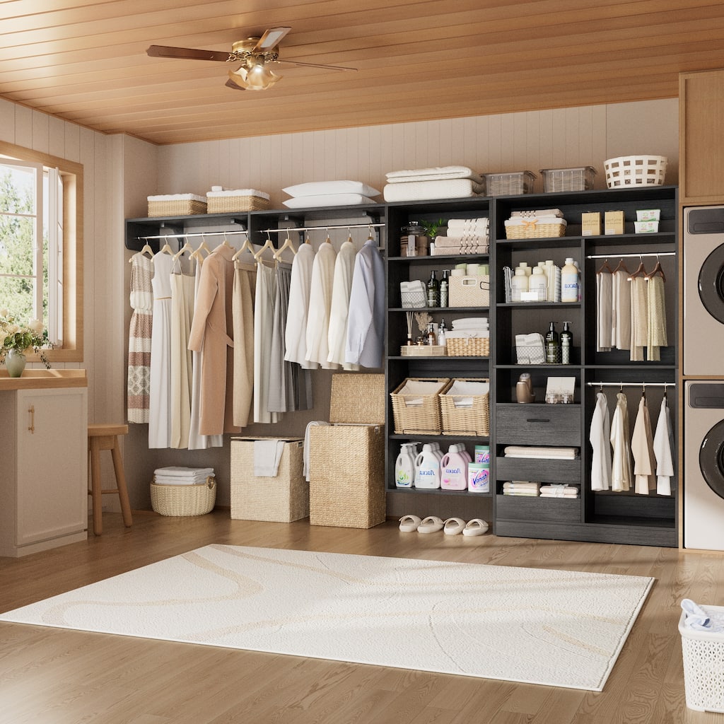Qvella 59"-132" Closet System with Adjustable Shelves and Drawers,Multi-Functional Combination Wardrobe System Closet Organizer