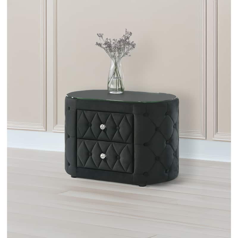 1pc Oval Nightstand Plush Tufted Upholstery Tempered Glass Top Rounded Sides Two Storage Drawers Sparkling Knobs Wooden - Black