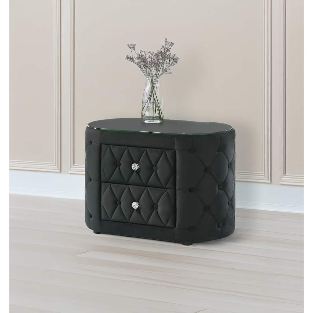 1pc Oval Nightstand Plush Tufted Upholstery Tempered Glass Top Rounded Sides Two Storage Drawers Sparkling Knobs Wooden