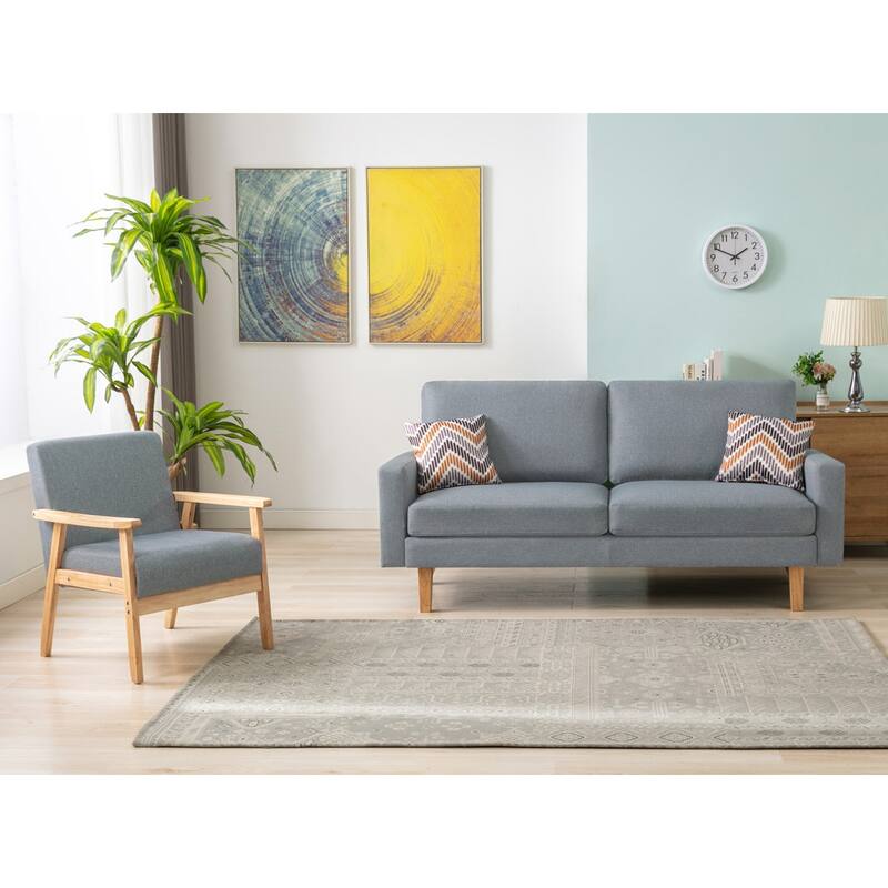 Linen Sofa and Chair Set with 2 Throw Pillows - Grey