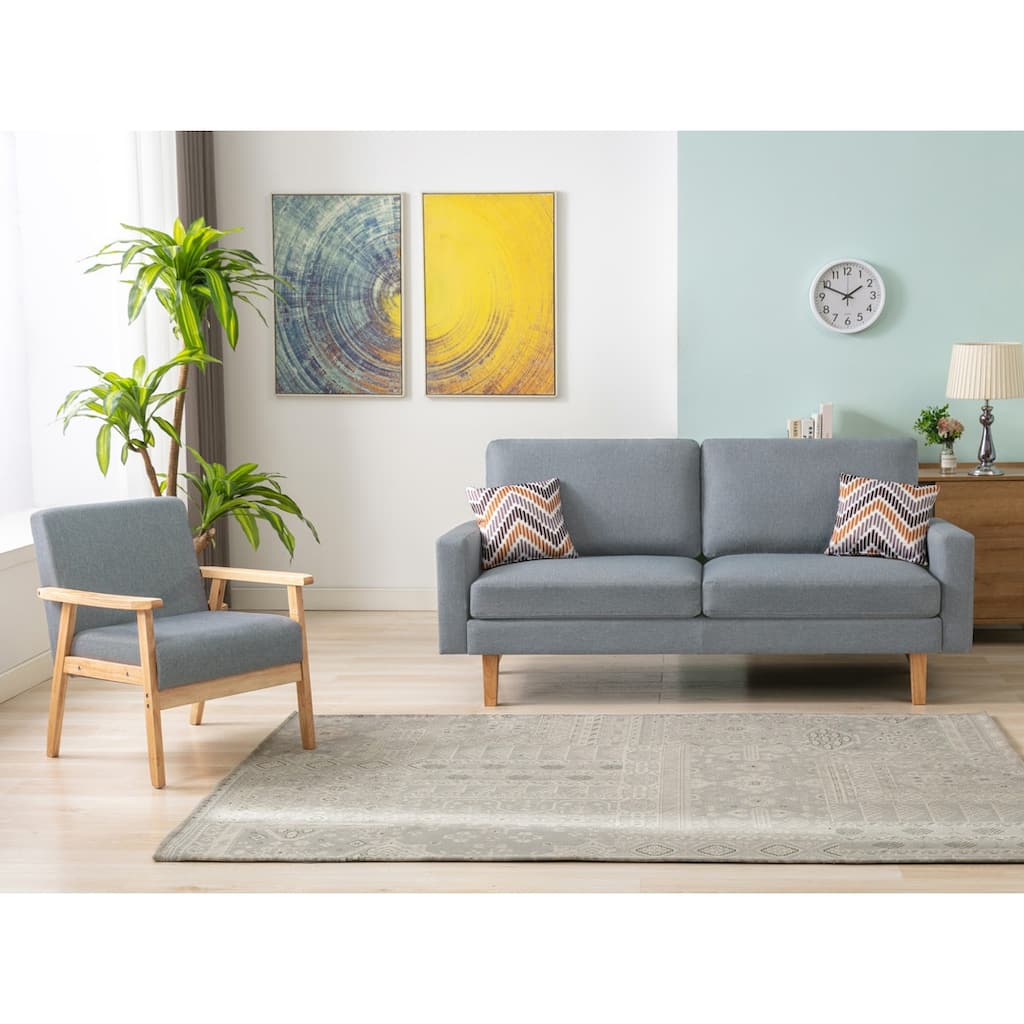 Linen Sofa and Chair Set with 2 Throw Pillows