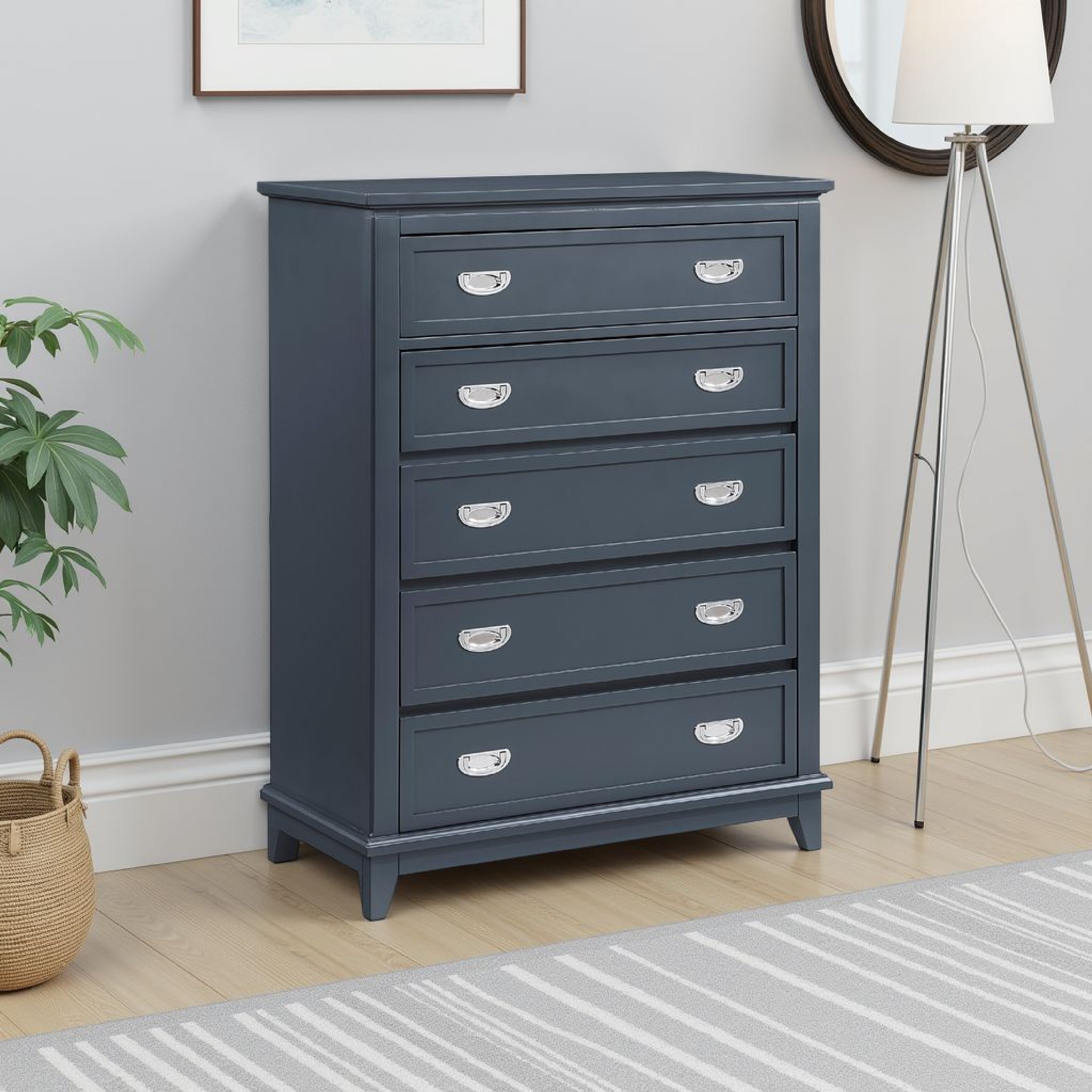 Sely Tall Dresser Chest, 5 Drawers, Navy Blue Wood Nickel Ring