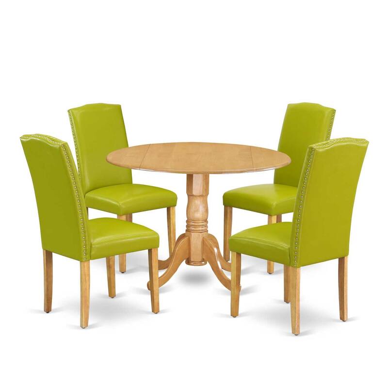 Round Kitchen Table Set 5pc 42" Table w/ Drop Leaves & 4 Parsons Chairs - Autumn Green