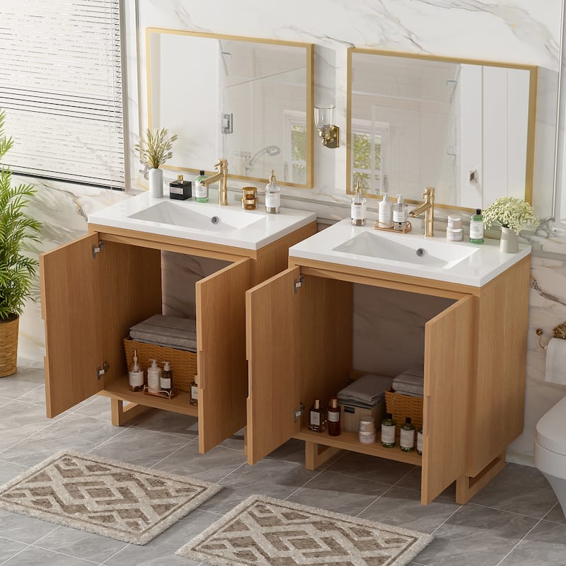 2-Piece Bathroom Vanity Set with Resin Sink, Freestanding Double Sink Bathroom Storage Cabinet, Solid Wood Frame