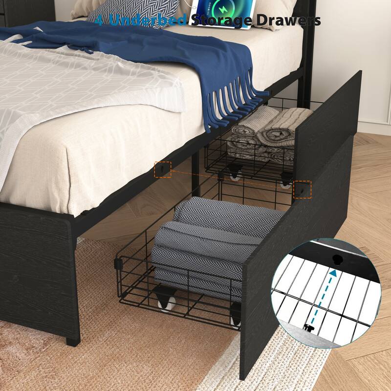 Twin Bed Frame with Storage Headboard, Charging Station, LED Lights, and 4 Storage Drawers - No Box Spring Needed