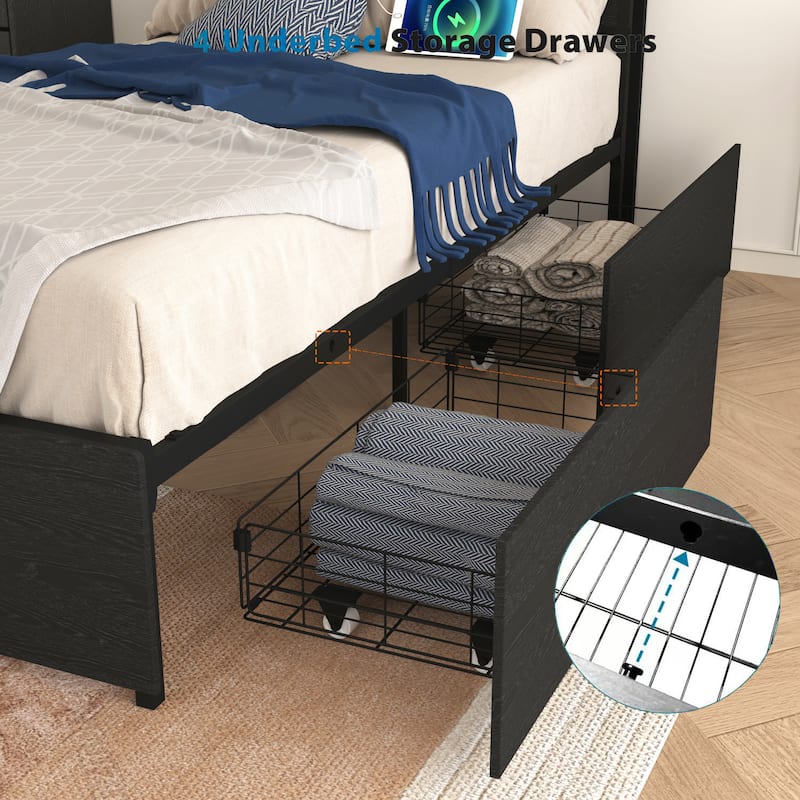 Twin Size Practical Storage Bed with 4 Drawers, Smart LED Platform Bed with Charging Station, Heavy Duty Metal Twin Bed Frame