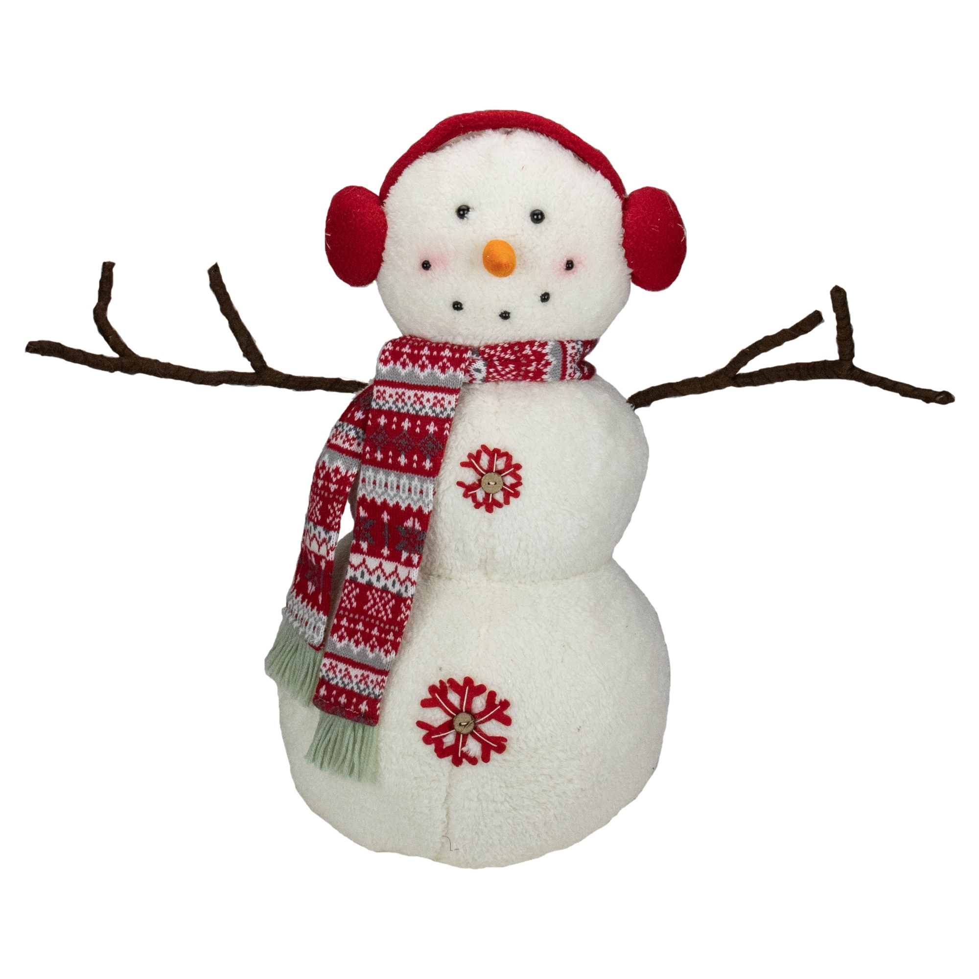 21.5-Inch White and Red Snowflake Sherpa Plush Snowman Christmas Decoration - 21.5"