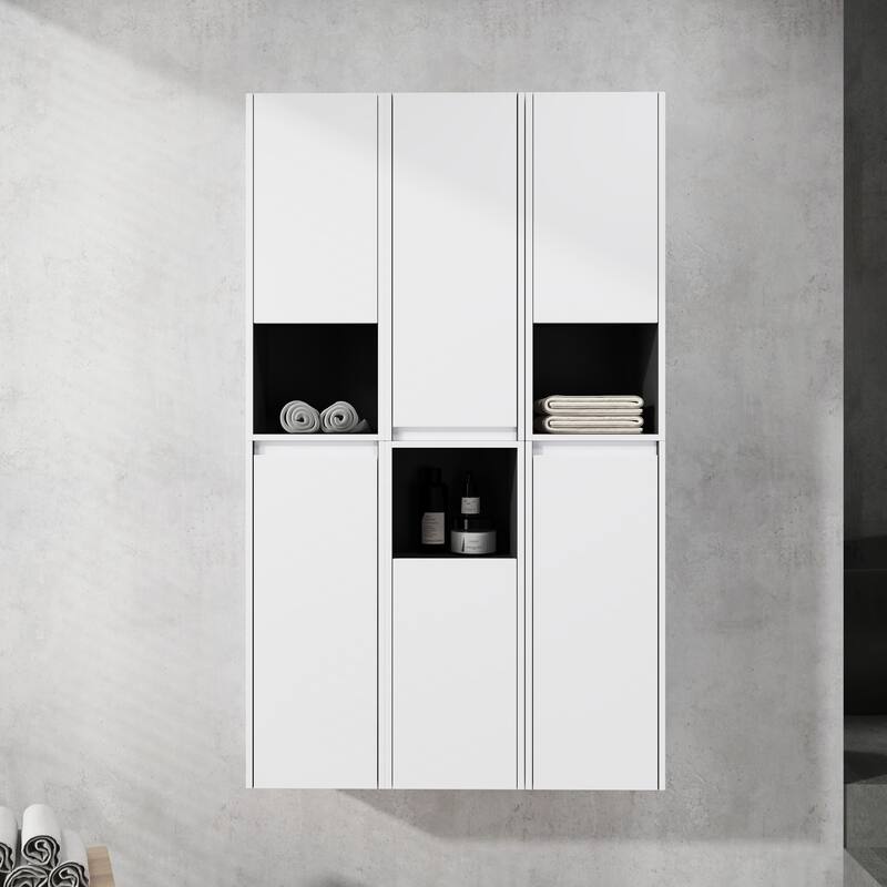 Modern Wall-Mounted Bathroom Side Cabinet with Soft-Close Doors, Floating Design, 6 Storage Compartments, 12-Inch Width