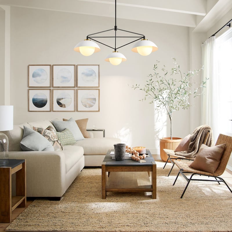 3-Light 41.9" W Mid-Century Modern Matte Black Dome Geometric Metal Chandelier with Opal Glass Globe Shades