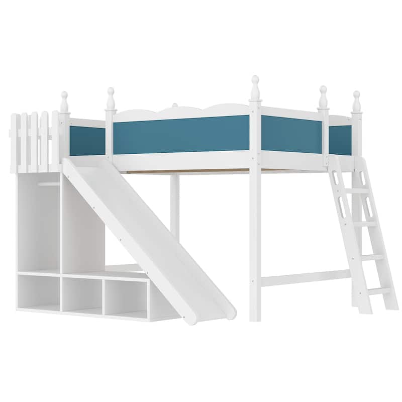 Full Loft Bed with Storage Shelves and Wardrobe, Solid Wood Loft Beds with Detachable Slide and Ladders, No Spring Box Needed