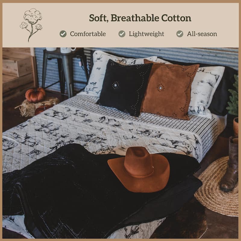Paseo Road Ranch Life Western Cowboy White/Black 100% Cotton Rustic Toile Western Bedding 3 Piece Reversible Quilt Set