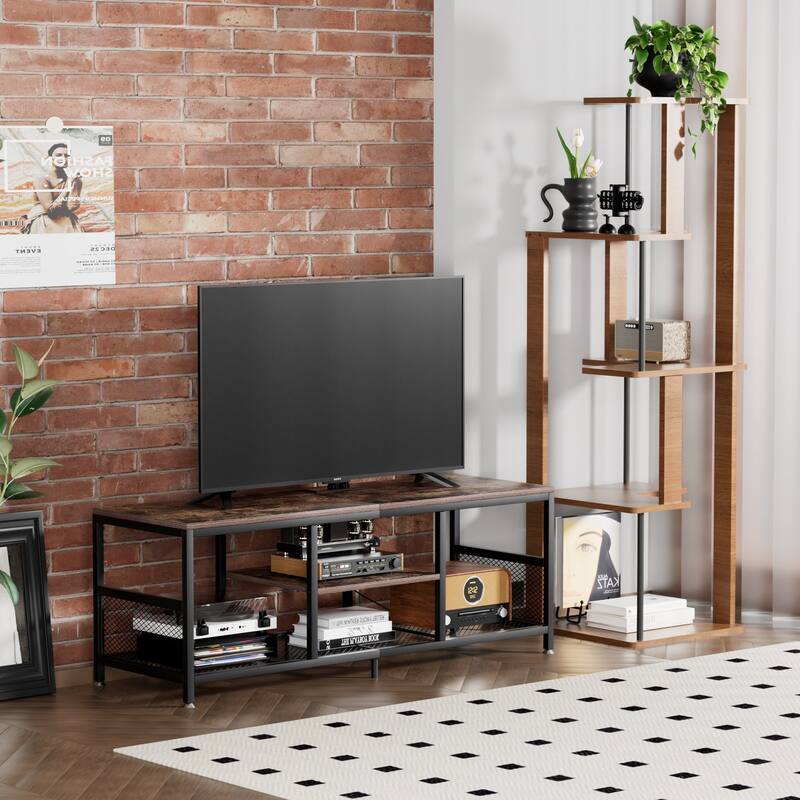 VECELO 55 Inch Brown TV Stand TV Media Console Table Entertainment Center with Power Outlets and Open Storage Shelves