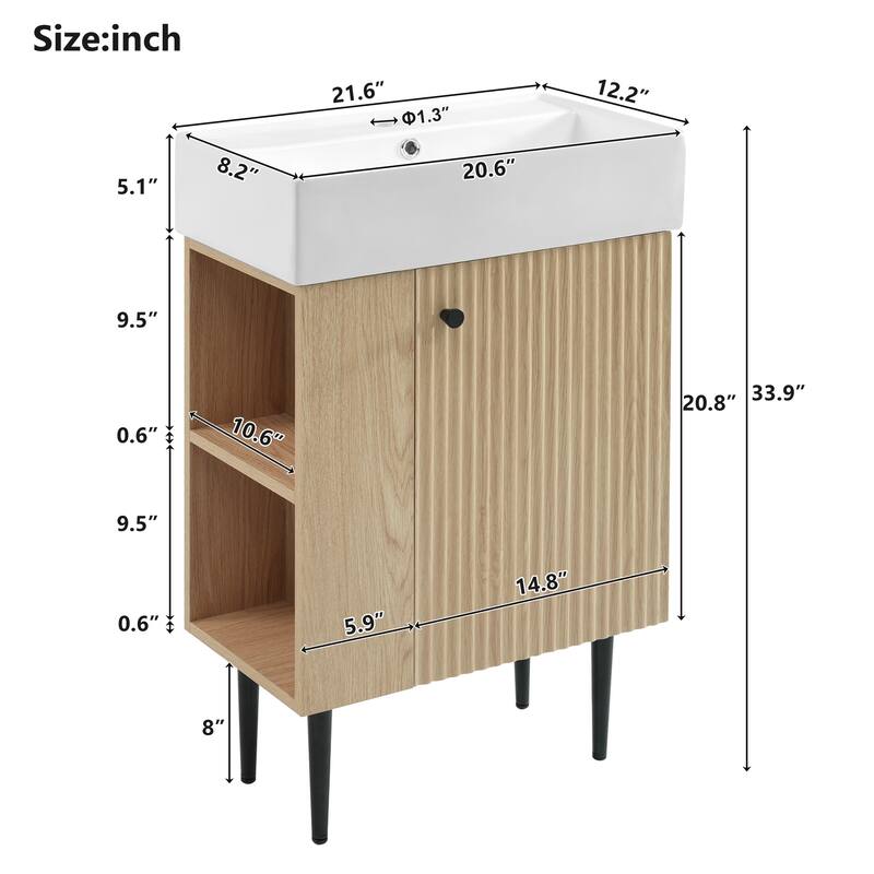 21.6" Wood Bathroom Vanity, Combo Cabinet, Bathroom Storage Cabinet, Single Ceramic Sink, Left Side Storage