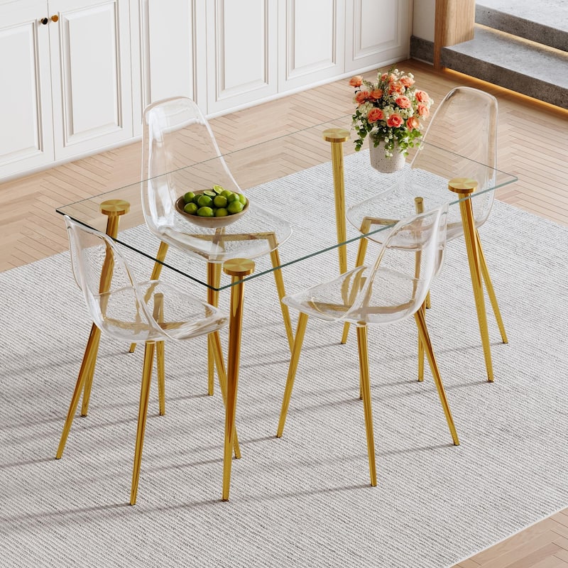 Modern Luxury Dining Set Rectangular Tempered Glass Table 4 Transparent Chairs Gold Legs