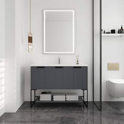 48 inch Rock Grey Plywood Freestanding Bathroom Vanity Set with Open shelf and Integrated Resin Sink