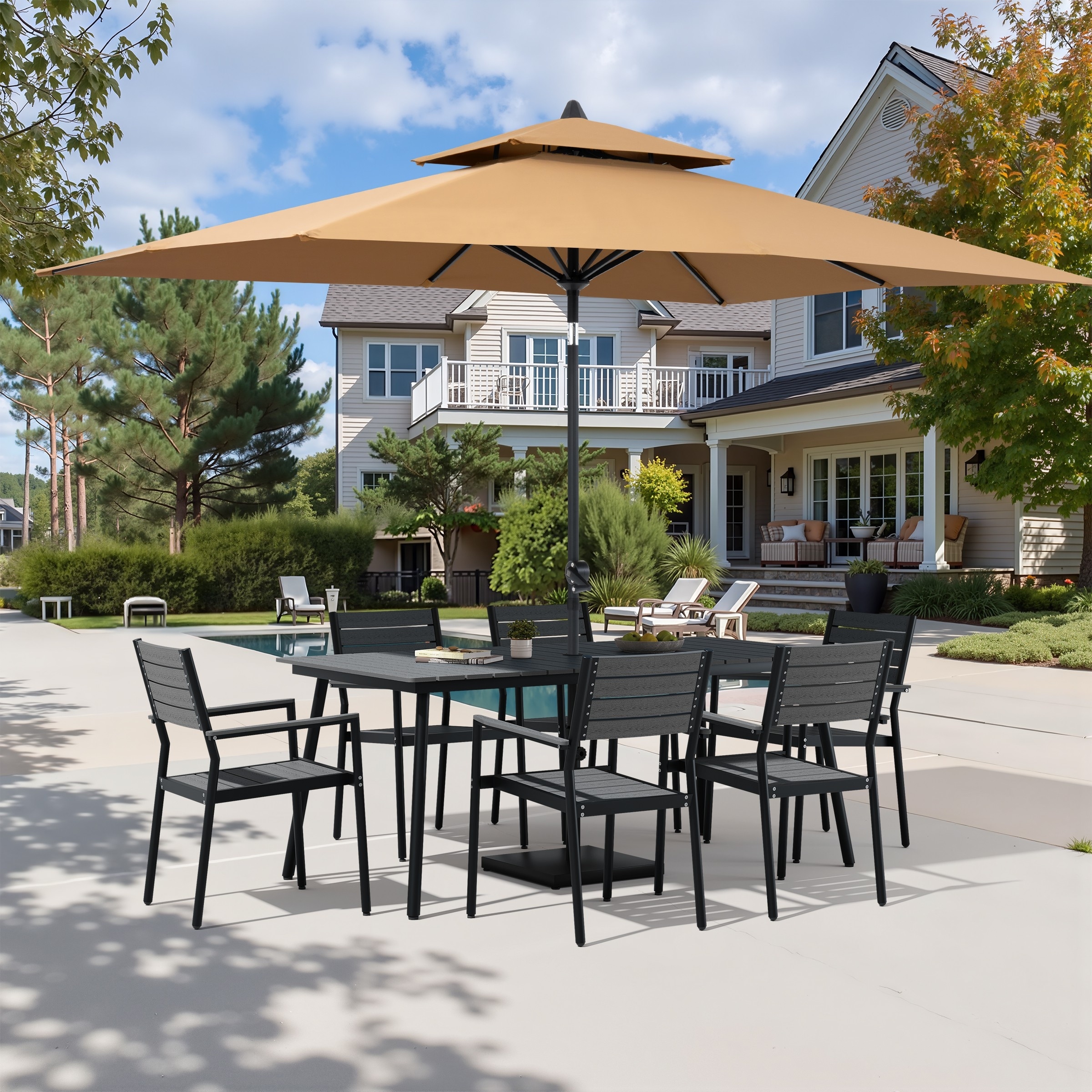 9-Piece Patio Dining Set Outdoor Aluminum Dining Table and Stackable Chairs with Umbrella and Base
