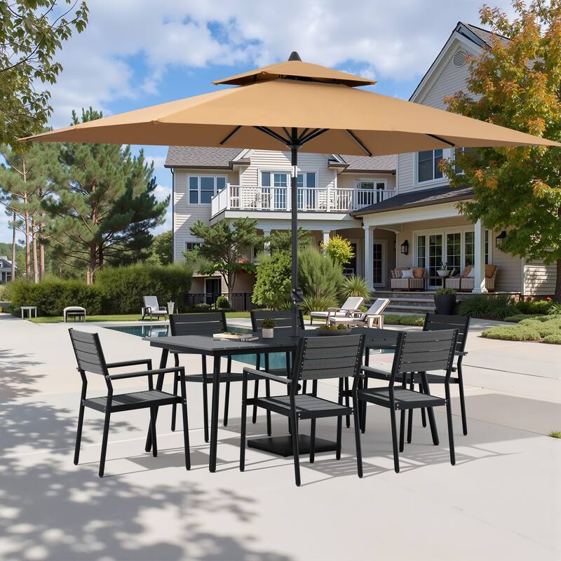 9-Piece Patio Dining Set Outdoor Aluminum Dining Table and Stackable Chairs with Umbrella and Base - Grey