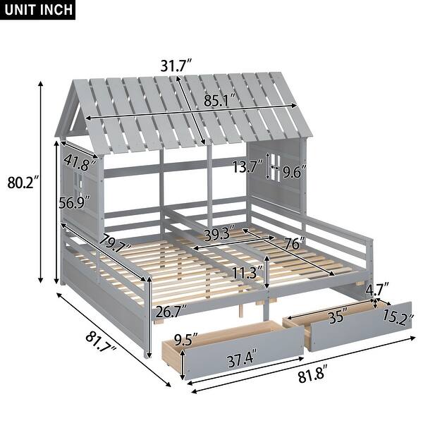 dimension image slide 1 of 2, Twin House Platform Kids Beds with Roof, 2-Drawers for Shared Rooms, Grey